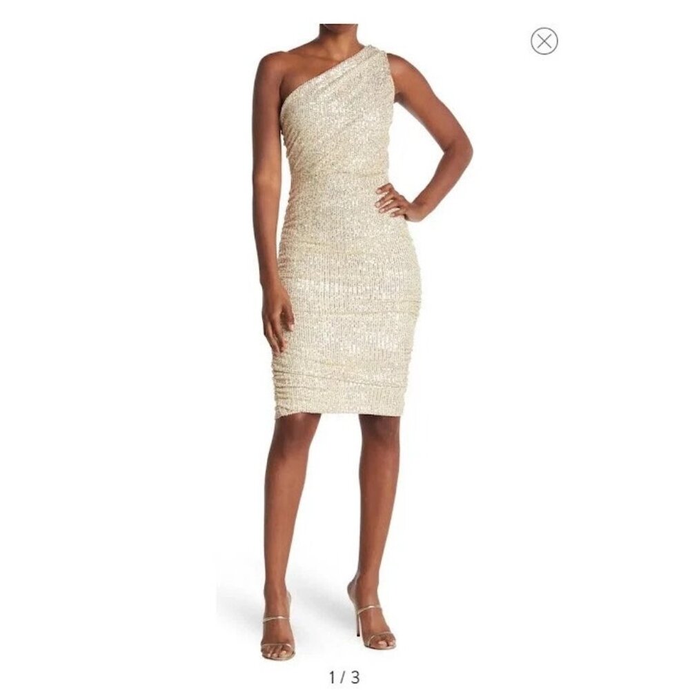 LOVE by DESIGN Champagne Gold Sequin One-Shoulder Midi Dress Large L Party NEW